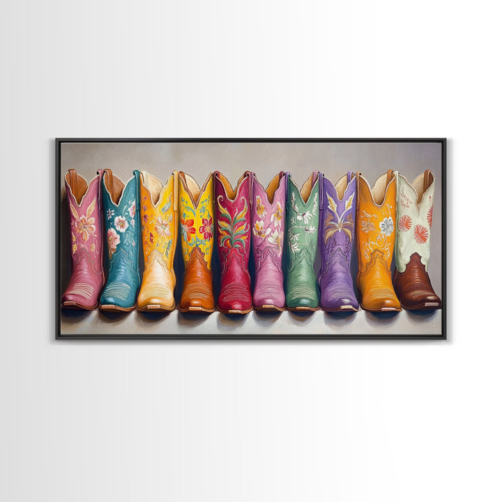 Floral Embroidered Western Boots Framed Canvas Print, Cowgirl Wall Art, Rodeo Room Decor, Rustic Ranch Gift, Boho Decor, Home Decor