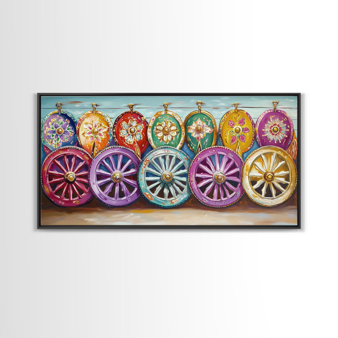 Ornate Painted Wagon Wheels Framed Canvas Print, Southwestern Wall Art, Ranch Decor, Cowgirl Room Decor, Rustic Gift, Home Decor
