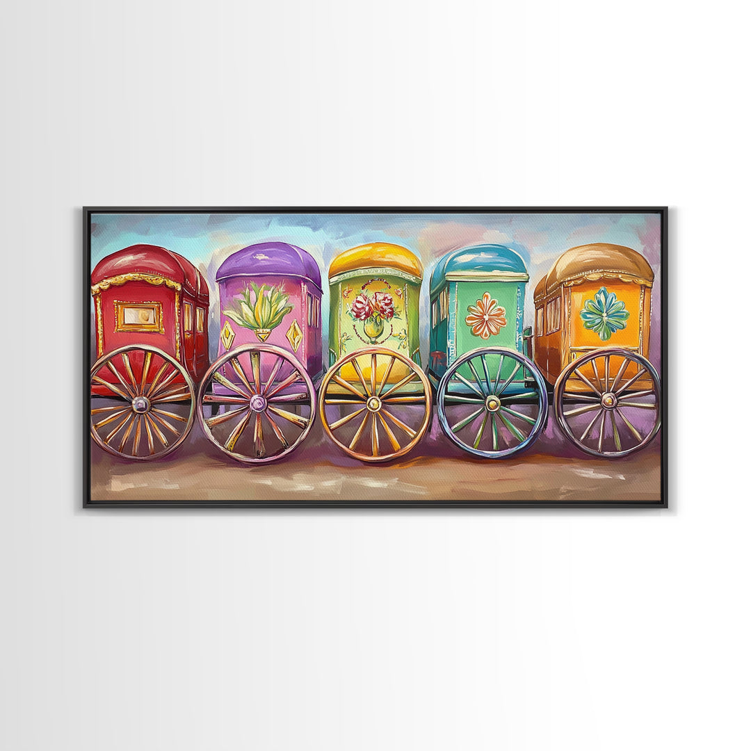 Vibrant Painted Traveling Wagons Wall Art, Western Canvas Print, Boho Ranch Decor, Colorful Nursery Art, Housewarming Gift