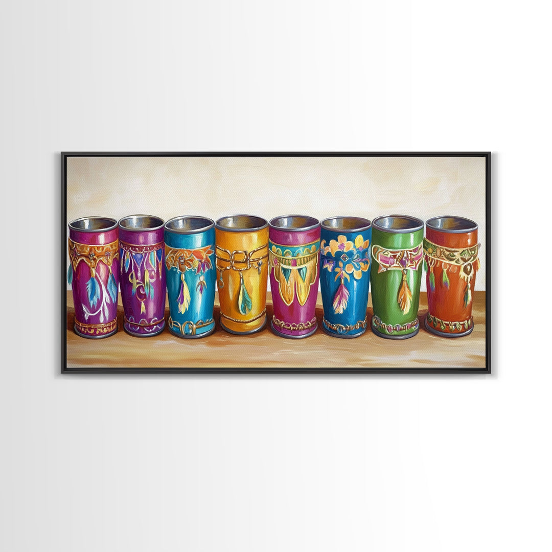 Boho Southwestern Painted Tin Cups Wall Art, Colorful Western Kitchen Decor, Rustic Ranch Canvas Art, Unique Housewarming Gift