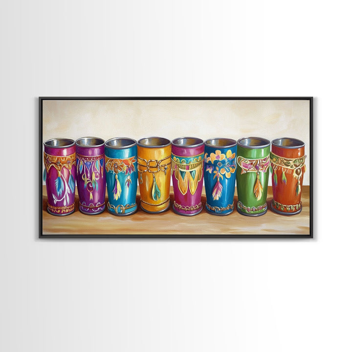 Boho Southwestern Painted Tin Cups Wall Art, Colorful Western Kitchen Decor, Rustic Ranch Canvas Art, Unique Housewarming Gift