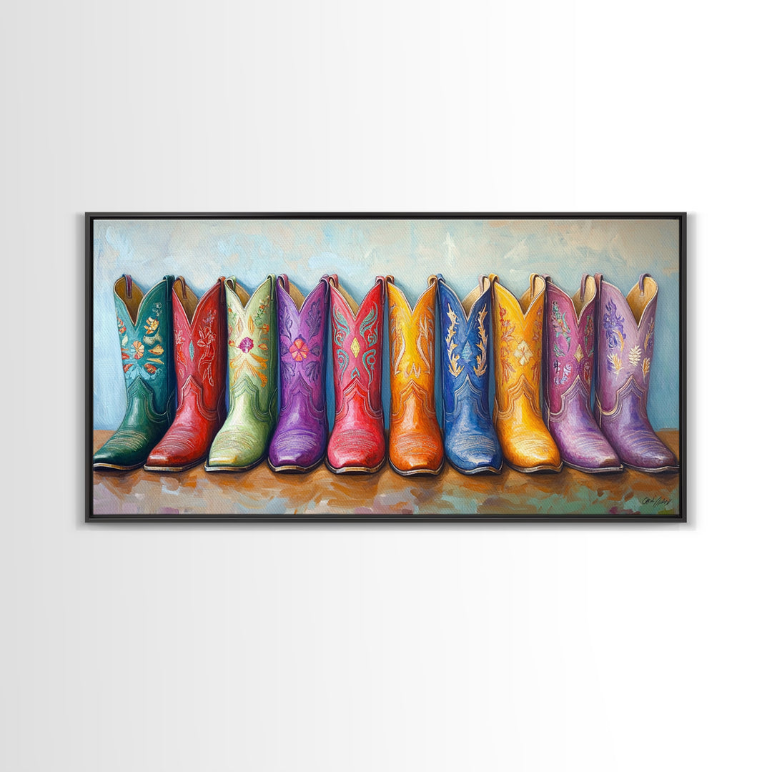 Colorful Row Of Western Cowgirl Boots Canvas Print, Embroidered Cowboy Wall Decor, Boho Ranch Living Room Housewarming Gift
