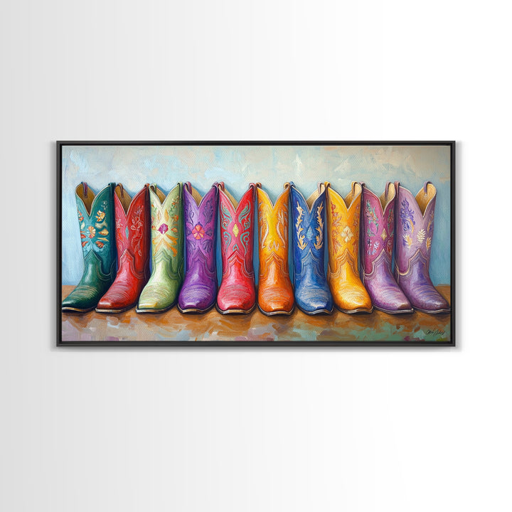Colorful Row Of Western Cowgirl Boots Canvas Print, Embroidered Cowboy Wall Decor, Boho Ranch Living Room Housewarming Gift