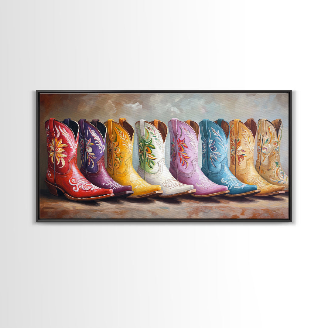 Glossy Colorful Cowgirl Boots Wall Art, Western Home Decor, Rustic Farmhouse Canvas Print, Statement Living Room Art Gift