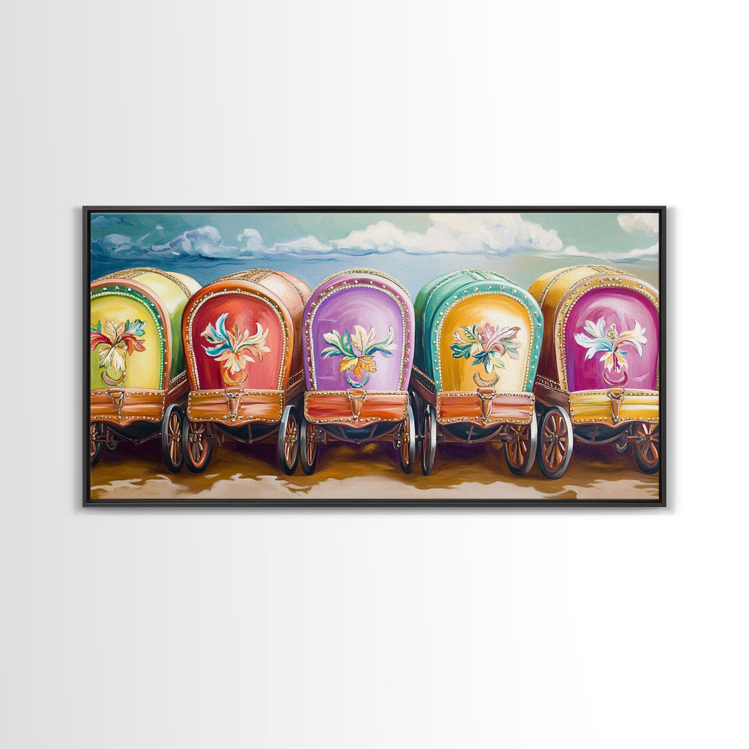Colorful Painted Gypsy Wagon Framed Canvas Print, Western Wall Art, Boho Cowgirl Decor, Rustic Farmhouse Living Room Gift