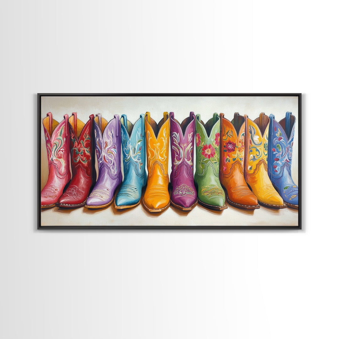Vibrant Embroidered Cowboy Boots Wall Art, Western Cowgirl Decor, Rustic Farmhouse Canvas Print, Colorful Living Room Art
