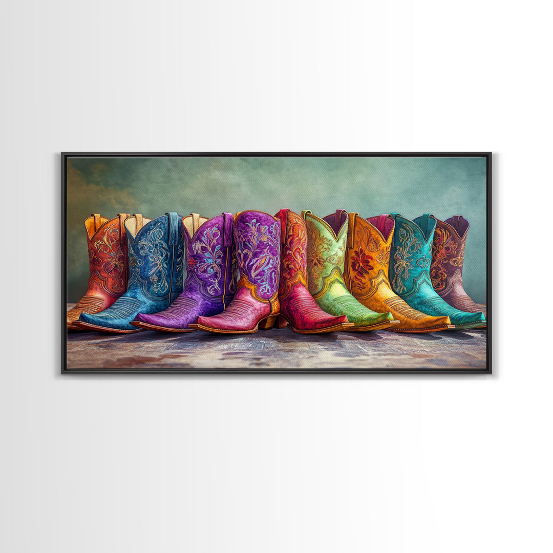 Bold Embroidered Cowboy Boots Canvas Print, Western Cowgirl Wall Art, Colorful Rustic Farmhouse Decor, Statement Living Room Art