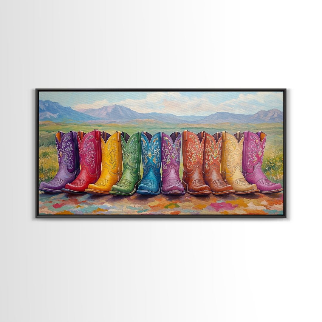 Rainbow Cowboy Boots With Mountain Meadow View Framed Canvas Print, Western Landscape Wall Art, Rustic Farmhouse Decor Gift