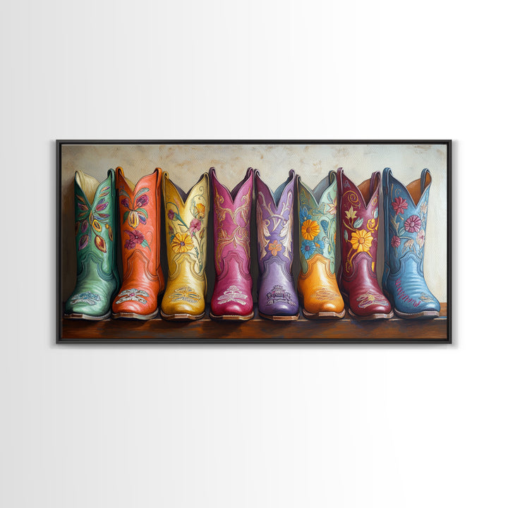 Pastel Floral Western Boots With Golden Embroidery Canvas Print, Cowgirl Wall Art, Boho Western Decor, Girls Room Decor Gift