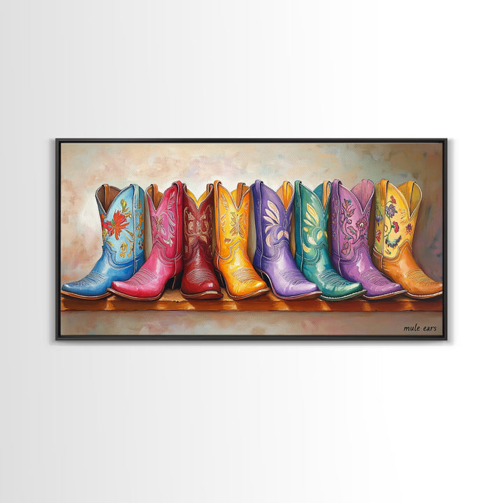 Playful Floral Cowgirl Boots In Pink Blue Orange Canvas Print, Western Wall Art, Boho Cowgirl Decor, Gift For Her, Living Room Decor
