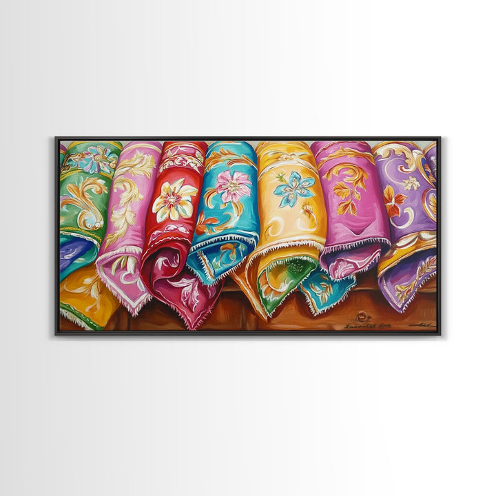 Rolled Embroidered Western Blankets Canvas Print, Colorful Cowgirl Wall Decor, Boho Ranch Living Room Art, Housewarming Gift