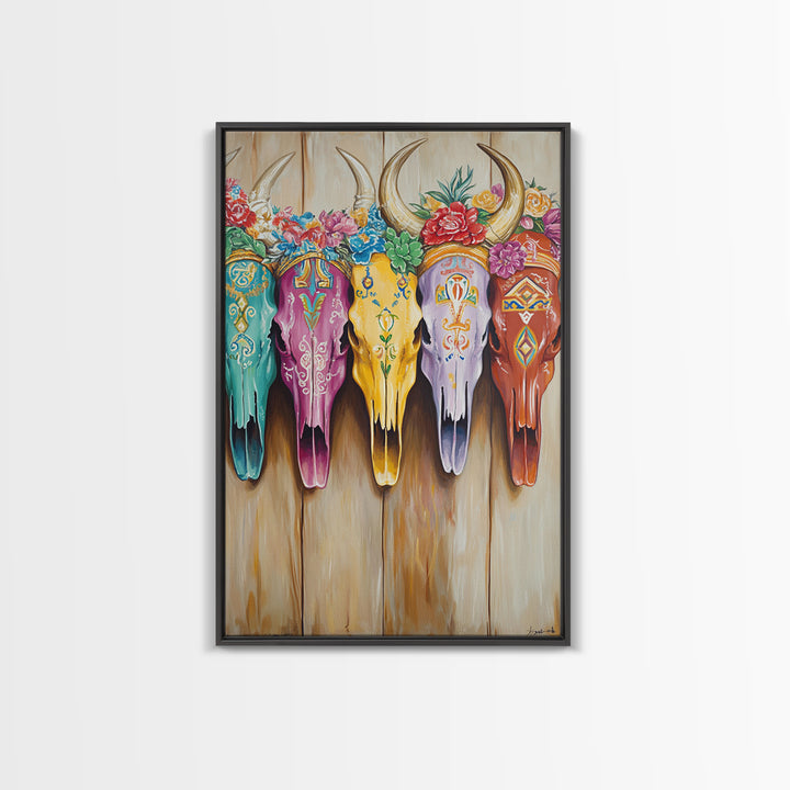 Floral Painted Longhorn Skulls Framed Canvas Print, Western Wall Art, Southwestern Decor, Cowgirl Ranch Home Decor Gift Idea