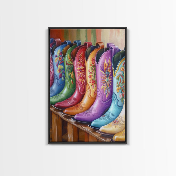 Bright Embroidered Cowboy Boots Wall Art, Western Cowgirl Canvas Print, Colorful Living Room Decor, Rustic Bedroom Wall Art