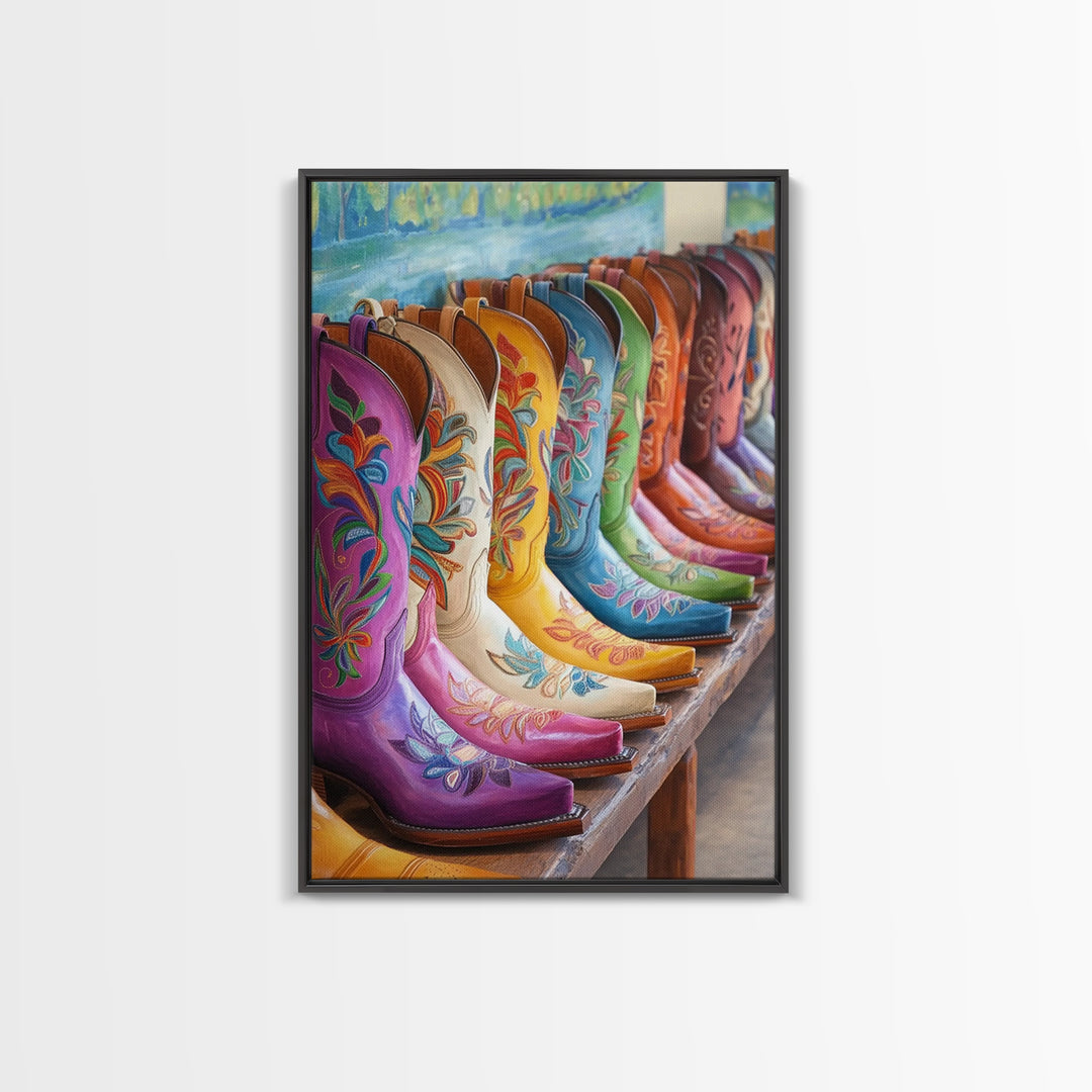 Row Of Painted Floral Cowgirl Boots Framed Canvas Print, Western Wall Art, Southwestern Home Decor, Housewarming Gift For Her