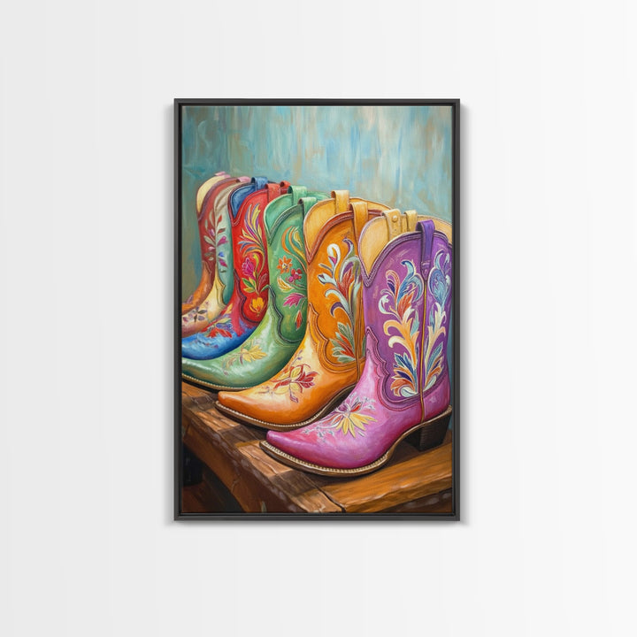 Pink Purple And Orange Cowboy Boots Framed Canvas Print, Western Cowgirl Wall Art, Floral Ranch Decor, Gift For Her Home Decor