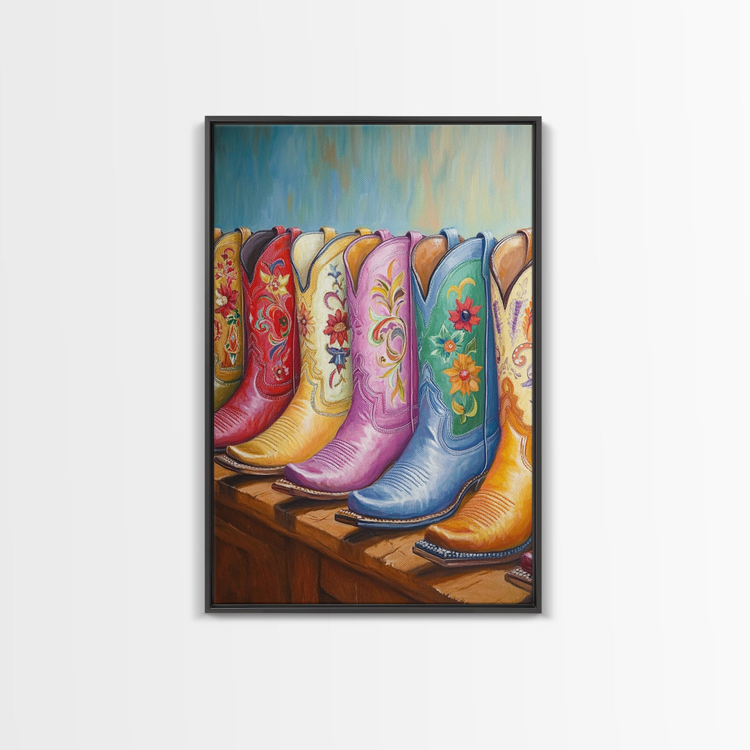 Pastel Blue Pink And Red Cowboy Boots Wall Art, Floral Western Decor, Cowgirl Ranch Canvas Art Print, Living Room Decor Gift