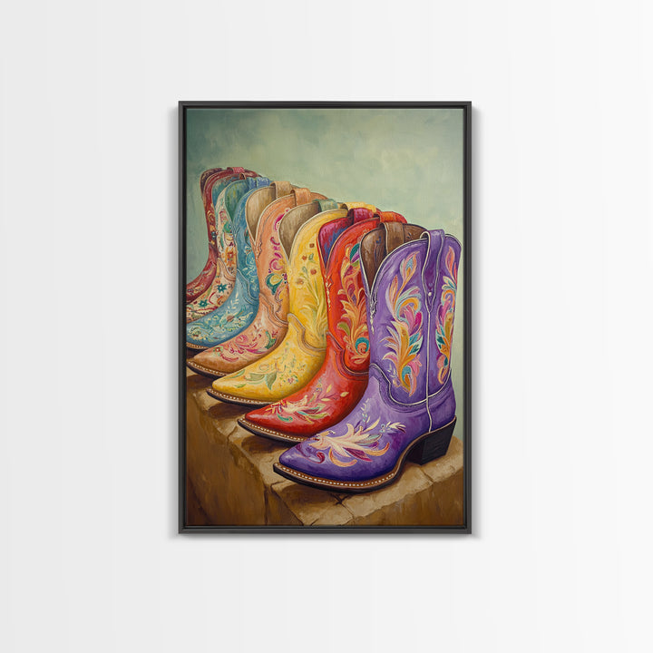 Purple Red And Yellow Embroidered Cowboy Boots Framed Canvas Print, Western Wall Art, Cowgirl Decor, Southwestern Gift For Her