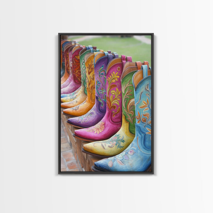 Outdoor Row Of Turquoise Pink And Green Cowboy Boots Canvas Print, Western Wall Art, Cowgirl Decor, Rustic Home Decor, Gift For Her