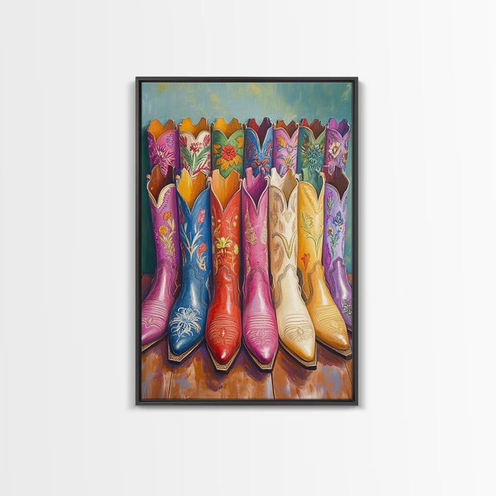 Front Facing Pink Blue Red And Cream Cowgirl Boots Framed Canvas Print, Western Wall Art, Maximalist Decor, Gift For Her