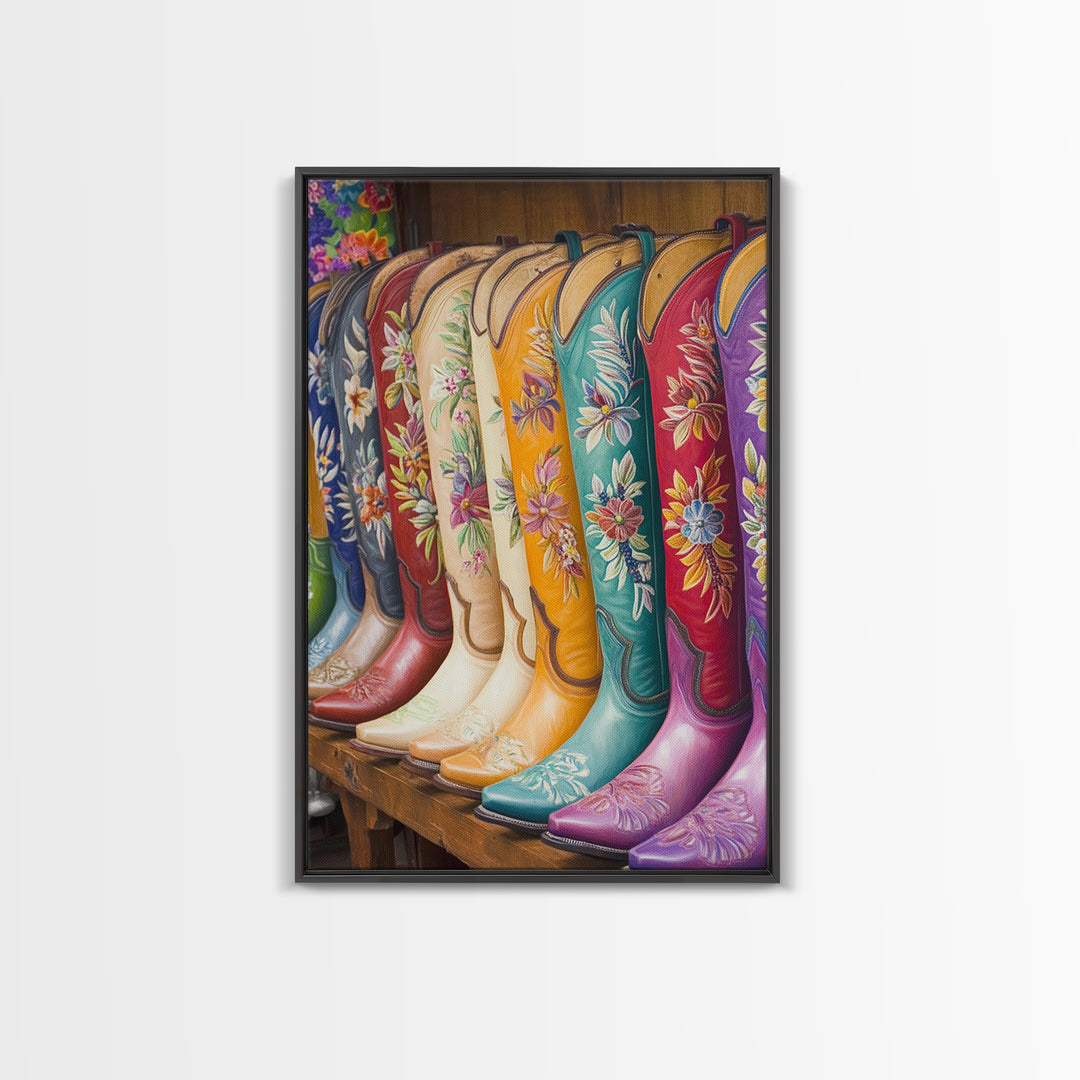 Embroidered Floral Cowboy Boots Canvas Print, Western Wall Art, Cowgirl Decor, Rustic Home Decor, Housewarming Gift, Living Room Decor