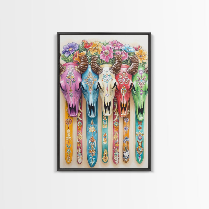 Floral Painted Cow Skulls Canvas Print, Western Wall Art, Southwestern Decor, Cowgirl Art, Boho Wall Decor, Gift For Her