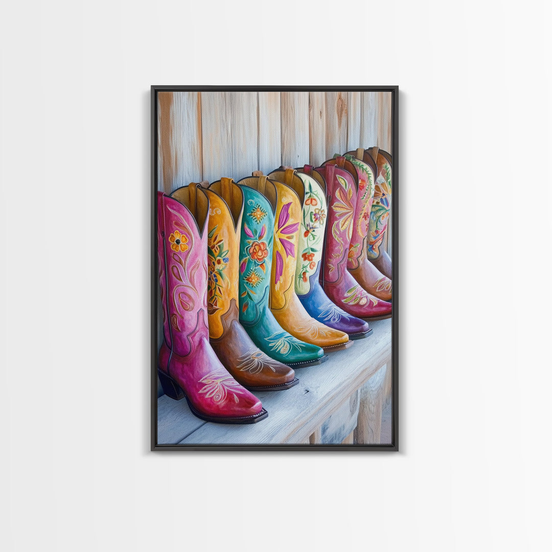 Rustic Row Of Painted Cowgirl Boots Wall Art, Western Floral Canvas Print, Southwestern Ranch Decor, Housewarming Gift For Her