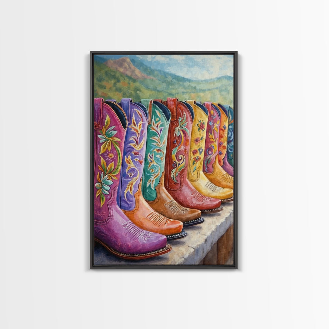Floral Cowboy Boots With Mountain View Wall Art, Western Landscape Painting, Cowgirl Decor, Rustic Farmhouse Canvas Print