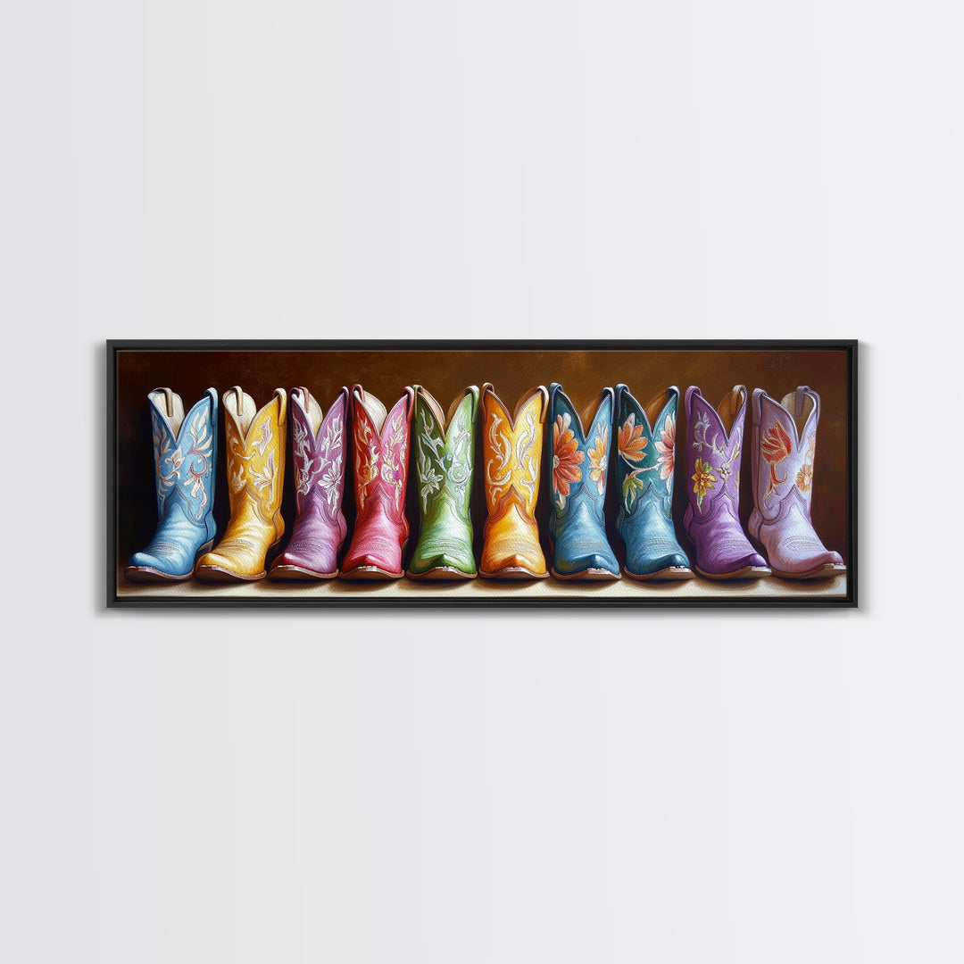 Moody Embroidered Cowboy Boots Wall Art, Western Wall Decor, Cowgirl Canvas Print, Rustic Farmhouse Decor, Unique Gift For Her