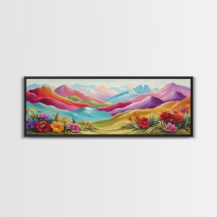 Vibrant Rainbow Mountains With Desert Flowers Wall Art, Abstract Landscape, Colorful Wall Art, Southwestern Decor, Large Canvas Print
