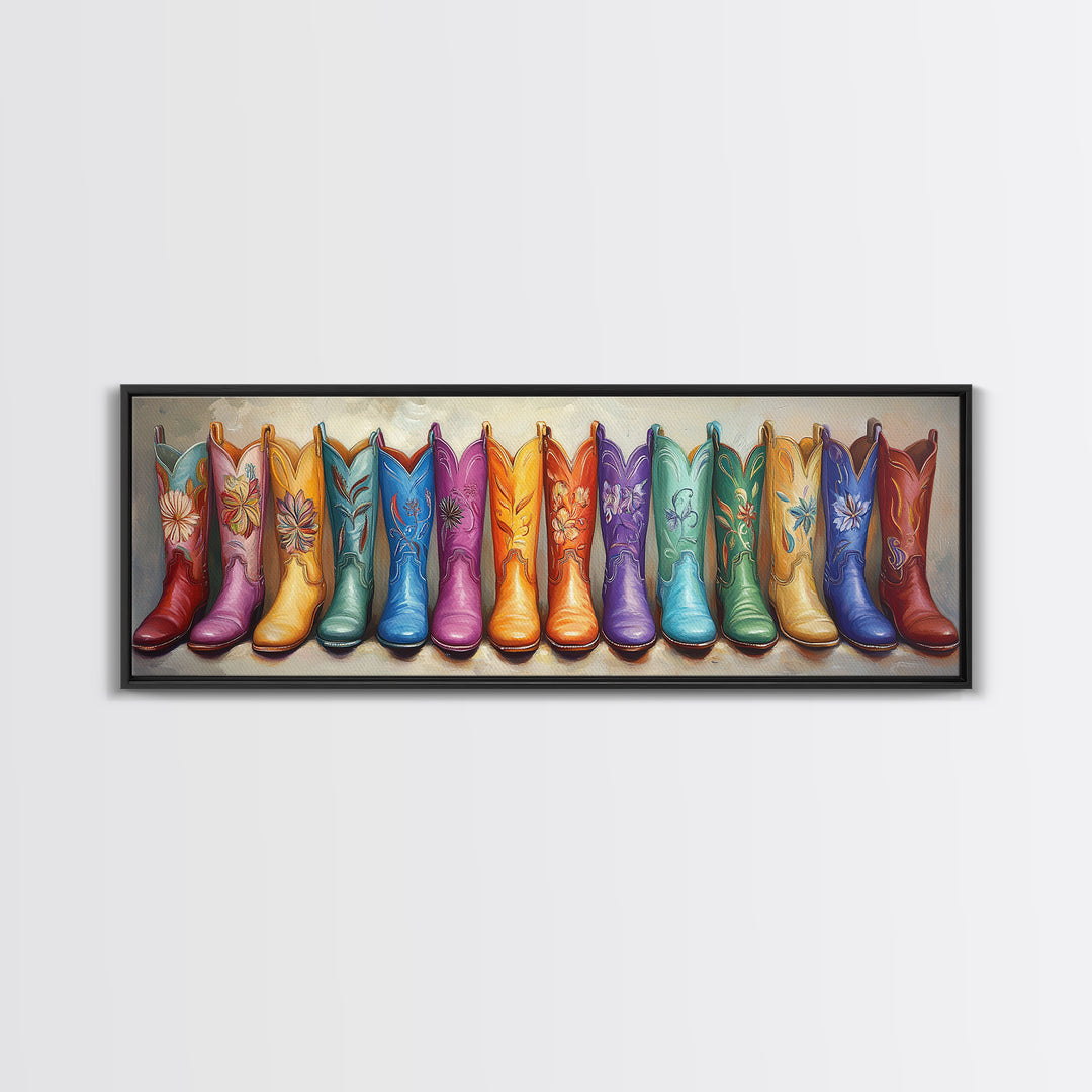 Rainbow Embroidered Cowboy Boots Wall Art, Western Decor, Cowgirl Gift, Rustic Farmhouse Decor, Long Horizontal Art Print