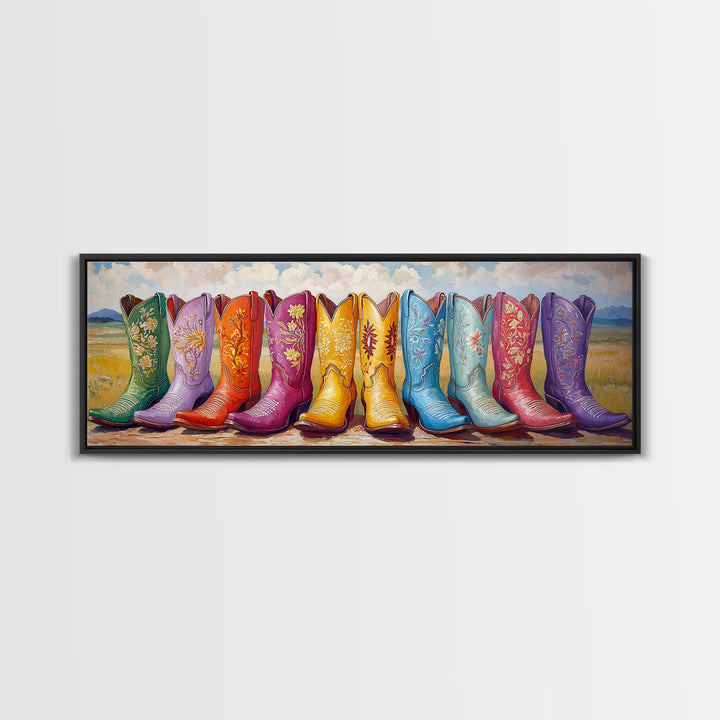 Colorful Cowboy Boots In Prairie Landscape Wall Art, Western Cowgirl Decor, Rustic Farmhouse Canvas Print, Above Sofa Art