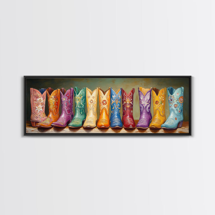 Vibrant Embroidered Cowboy Boots Wall Art, Western Cowgirl Decor, Maximalist Canvas Print, Rustic Rodeo Living Room Decor