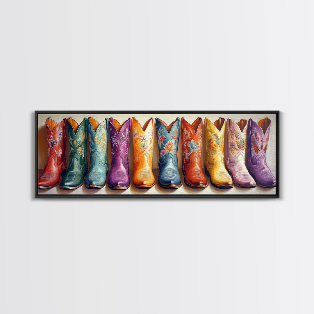 Colorful Embroidered Cowboy Boots Wall Art, Western Cowgirl Decor, Rustic Farmhouse Canvas, Vibrant Entryway Art Print Gift