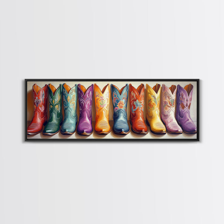 Colorful Embroidered Cowboy Boots Wall Art, Western Cowgirl Decor, Rustic Farmhouse Canvas, Vibrant Entryway Art Print Gift