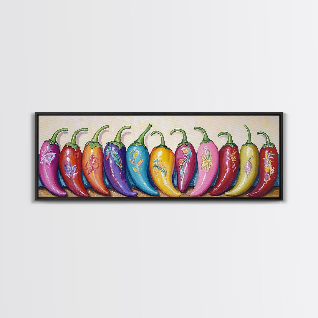 Bright Rainbow Chili Peppers Wall Art, Colorful Kitchen Decor, Southwestern Food Print, Dopamine Dining Room Canvas Gift