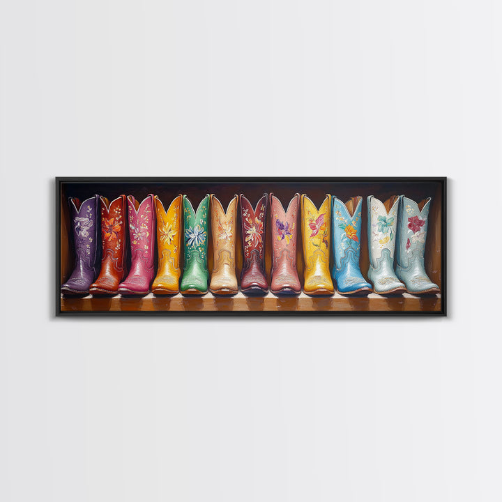 Dark Background Floral Cowboy Boots Framed Canvas Print, Western Wall Art, Moody Cowgirl Decor, Rustic Living Room Art, Gift For Her