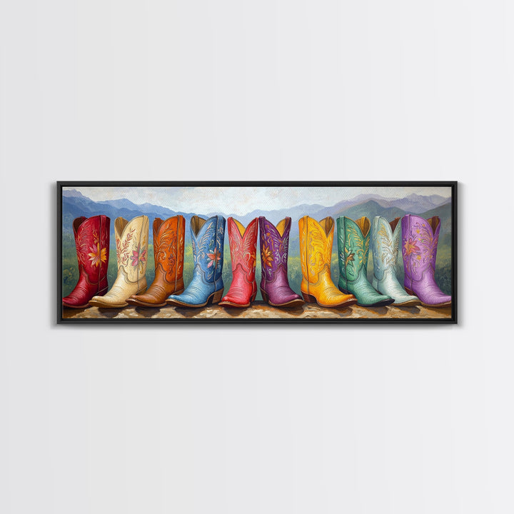 Cowboy Boots With Mountain Landscape Canvas Print, Western Wall Art, Colorful Cowgirl Decor, Rustic Cabin Housewarming Gift
