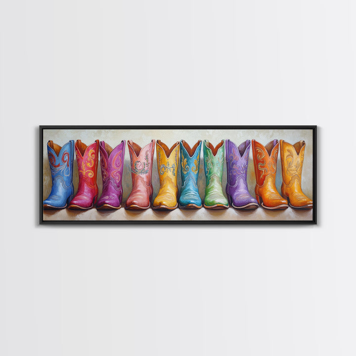 Bright Embroidered Cowboy Boots Canvas Print, Western Wall Art, Cowgirl Home Decor, Colorful Boho Bedroom Housewarming Gift