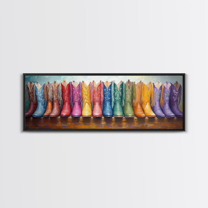 Panoramic Rainbow Cowboy Boots Wall Art, Long Horizontal Canvas Print For Western Decor, Cowgirl Ranch Home Accent Gift Idea