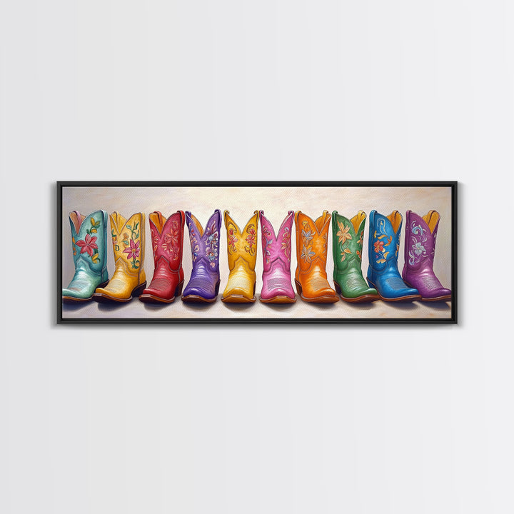 Pastel Embroidered Cowboy Boots Wall Art, Western Framed Canvas Print For Cowgirl Nursery Decor And Rustic Home Wall Decor
