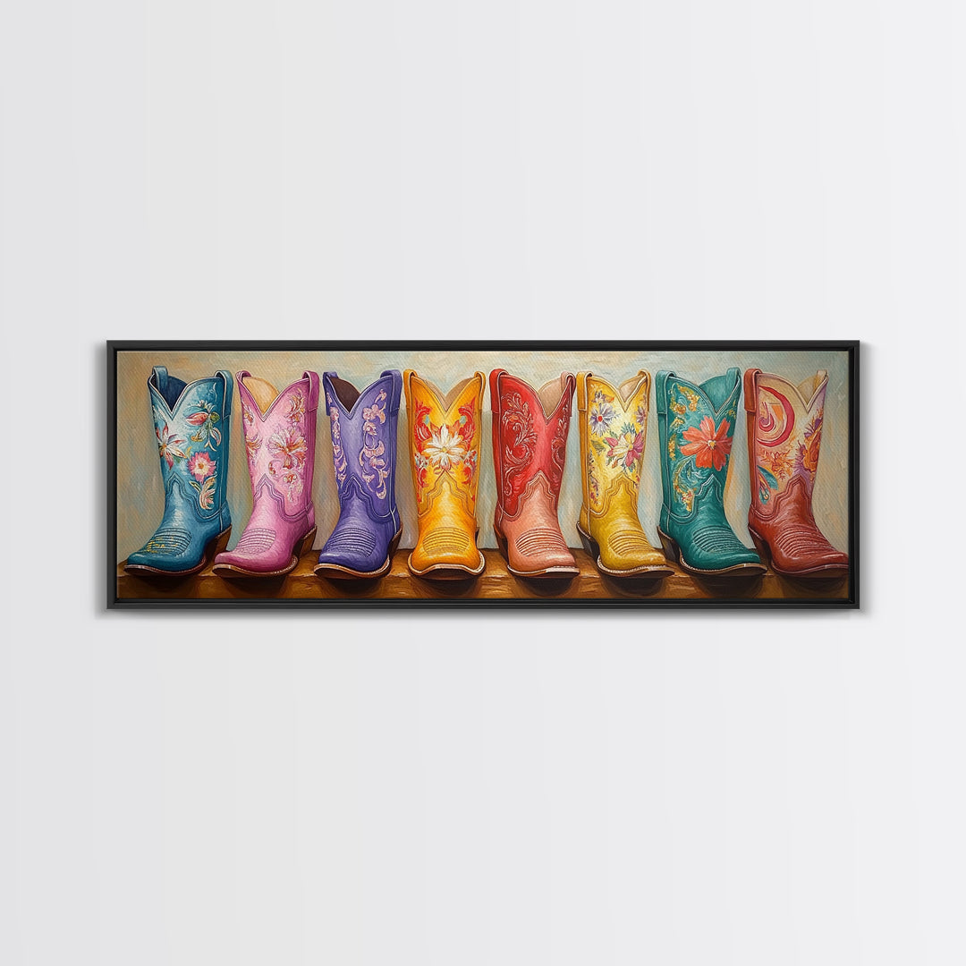 Pastel Embroidered Cowboy Boots Framed Canvas Print, Western Cowgirl Wall Decor, Floral Ranch Art, Boho Housewarming Gift
