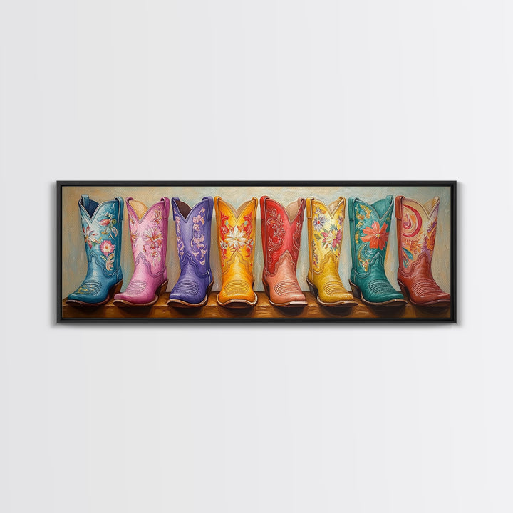 Pastel Embroidered Cowboy Boots Framed Canvas Print, Western Cowgirl Wall Decor, Floral Ranch Art, Boho Housewarming Gift