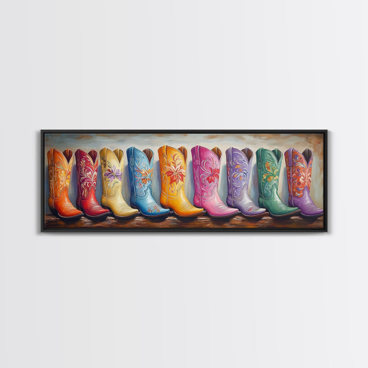 Pastel Floral Cowgirl Boots Framed Canvas Print, Western Wall Art, Boho Farmhouse Decor, Country Bedroom Wall Decor Gift