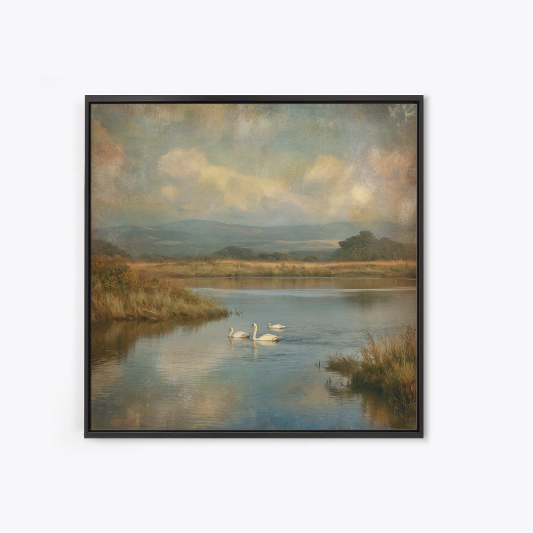 Paired Swans in a Dreamy Painterly Lake Canvas Print, Above Bed Art, Boho Wall Art, Bedroom Decor, Fine Art, Serenity, ABA-1x1-22