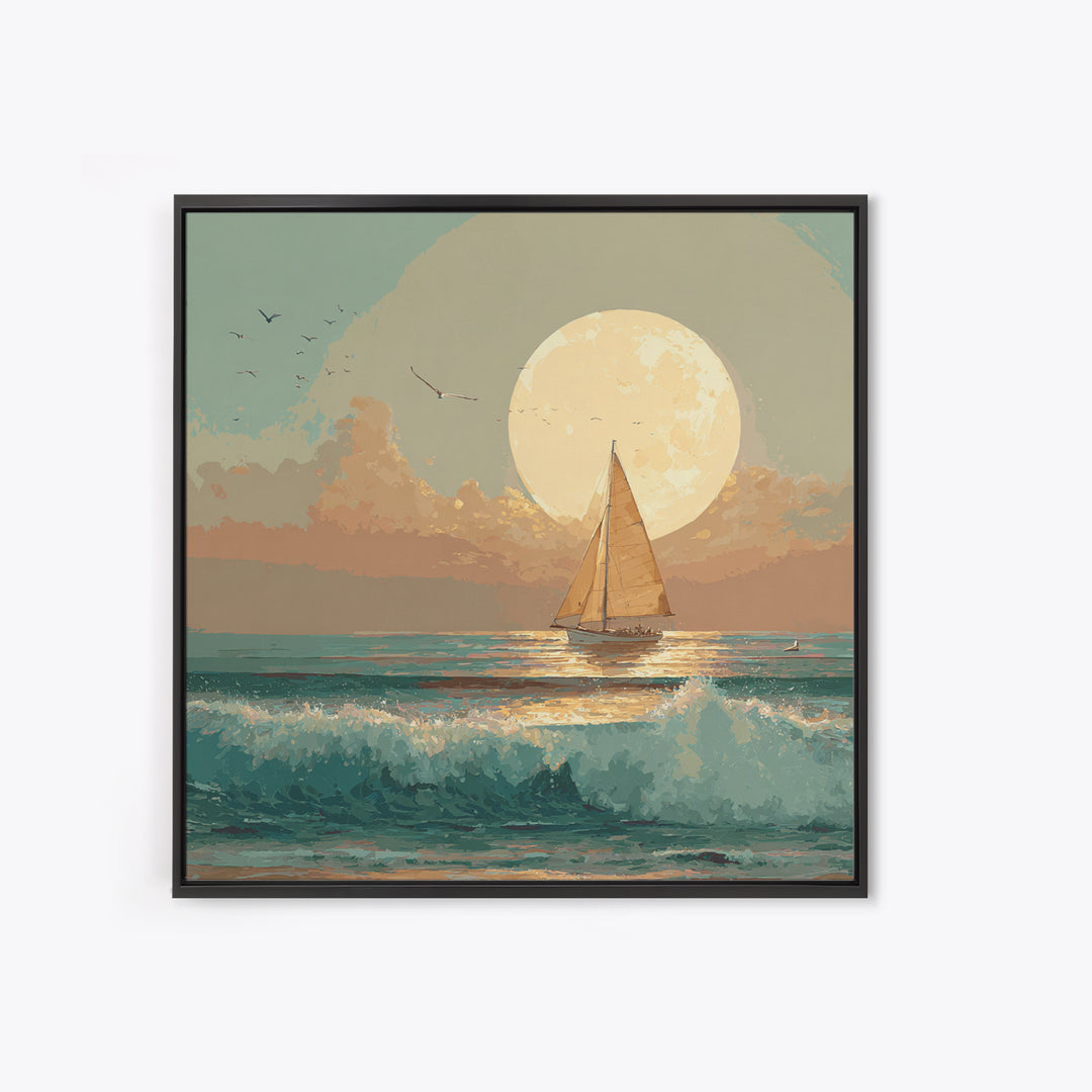 Quiet Moon over a Calm Ocean Horizon Framed Canvas Print, Above Bed Art, Living Room Decor, Bedroom Decor, Oil Painting, ABA-1x1-27