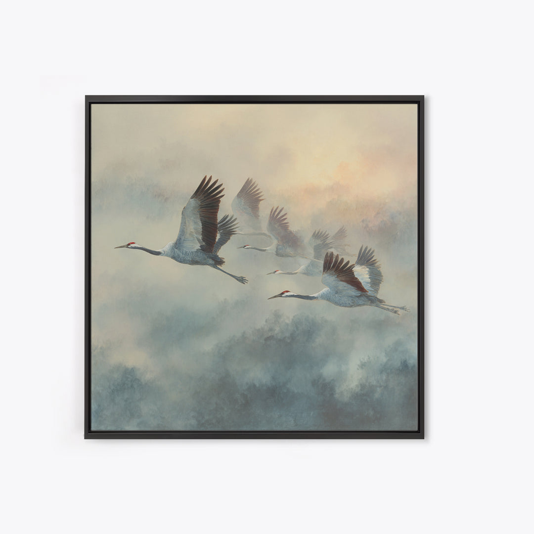 Ethereal Cranes Flying Through Pale Morning Mist Canvas Print, Above Bed Art, Fine Art Print, Bedroom Decor, Serenity, ABA-1x1-33