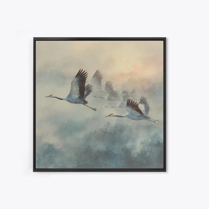 Ethereal Cranes Flying Through Pale Morning Mist Canvas Print, Above Bed Art, Fine Art Print, Bedroom Decor, Serenity, ABA-1x1-33