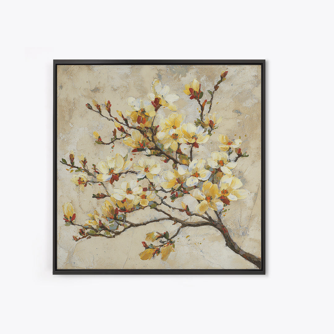 Delicate Magnolia Branch on Cream Background Framed Canvas Print, Above Bed Art, Bedroom Decor, Watercolor Art, Serenity, ABA-1x1-40