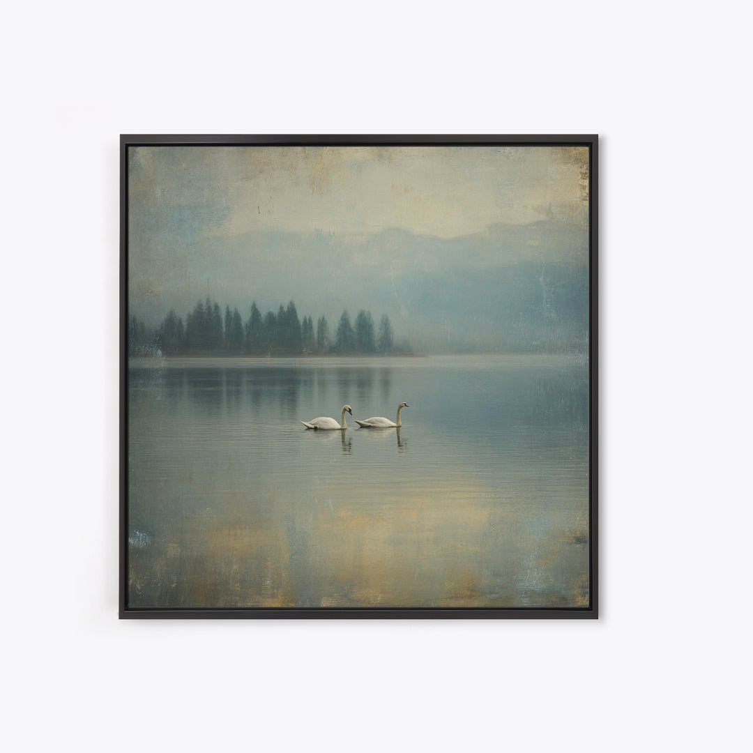 Paired Swans in a Dreamy Painterly Lake Framed Canvas Print, Above Bed Art, Boho Decor, Bedroom Decor, Oil Painting, Serenity, ABA-1x1-46