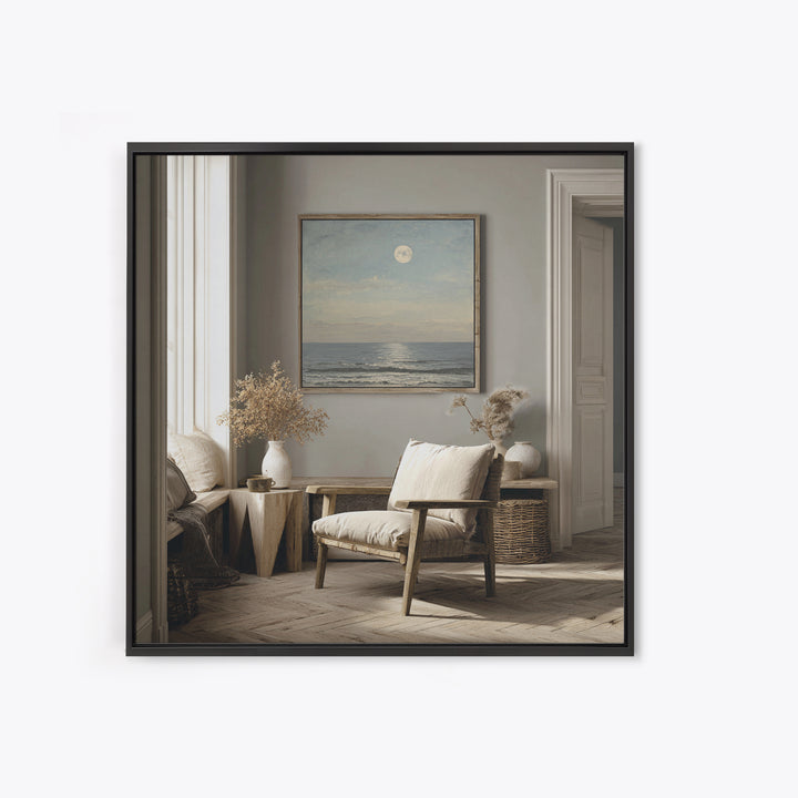 Quiet Moon over a Calm Ocean Horizon Framed Canvas Print, Above Bed Art, Bedroom Wall Art, Bedroom Decor, Fine Art, Serenity, ABA-1x1-51
